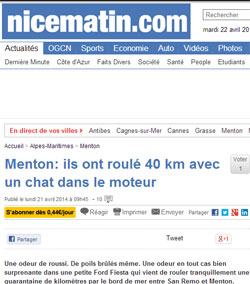 La une de Nice Matin relatant la mésaventure d'un chat ayant parcouru 40 km dans le moteur d'une Ford