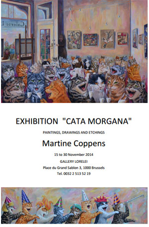 L'affiche de l'exposition de peinture sur le thème du chat de Martine Coppens Cata Morgana 