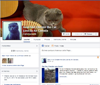 La page de Facebook relatant les mésaventures de Chester sur Air Canada Cargo