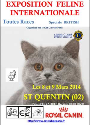 Affiche de Exposition de chats de Saint Quentin du 8 et 9 mars 2014.