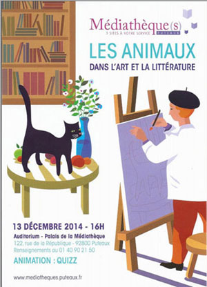 Affiche de la Médiathèque de Puteaux annonçant Les animaux dans l’art et la littérature le 1