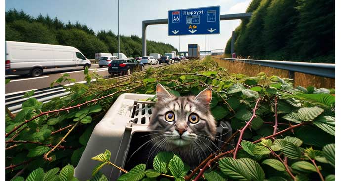 Un chat perdu sur une aire d'autoroute.