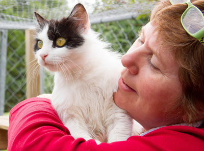 Lynn Stone des chats du Quercy avec deux de ses pensionnaires.