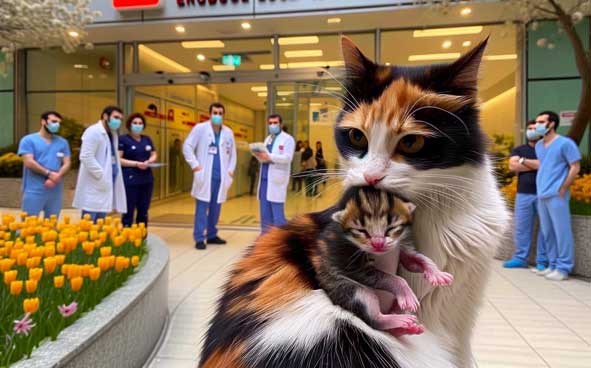 Une chatte apporte son chaton aux urgences.