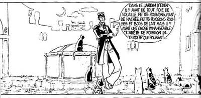 Corto Maltese parlant aux chats de Venise.