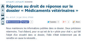 Michel Baussier, Président du Conseil Supérieur de l’Ordre des Vétérinaires répond au Parisien.